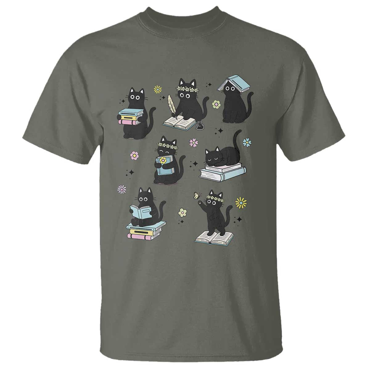 Bookish Black Cat T Shirt Funny Librarian Cat Lover Gift TS12 Military Green Print Your Wear