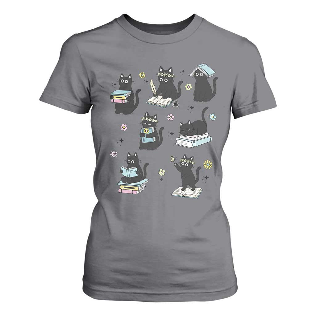 Bookish Black Cat T Shirt For Women Funny Librarian Cat Lover Gift TS12 Charcoal Print Your Wear