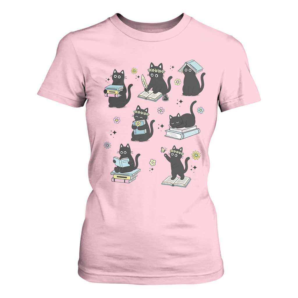 Bookish Black Cat T Shirt For Women Funny Librarian Cat Lover Gift TS12 Light Pink Print Your Wear