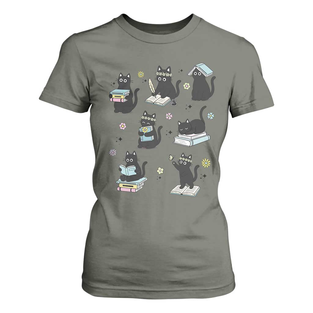 Bookish Black Cat T Shirt For Women Funny Librarian Cat Lover Gift TS12 Military Green Print Your Wear