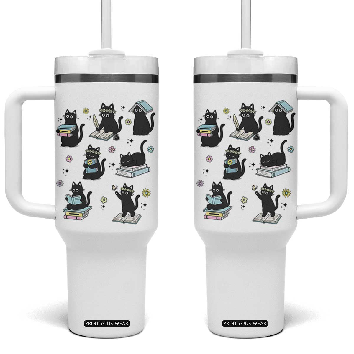 Bookish Black Cat Tumbler With Handle Funny Librarian Cat Lover Gift TS12 One Size: 40 oz White Print Your Wear