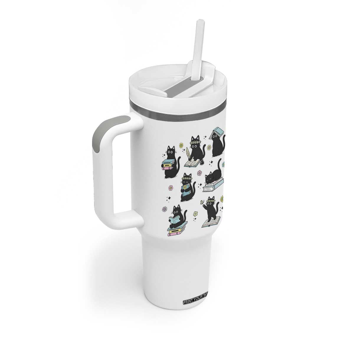 Bookish Black Cat Tumbler With Handle Funny Librarian Cat Lover Gift TS12 Print Your Wear