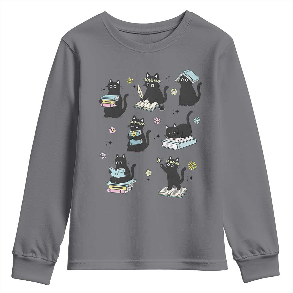 Bookish Black Cat Youth Sweatshirt Funny Librarian Cat Lover Gift TS12 Charcoal Print Your Wear