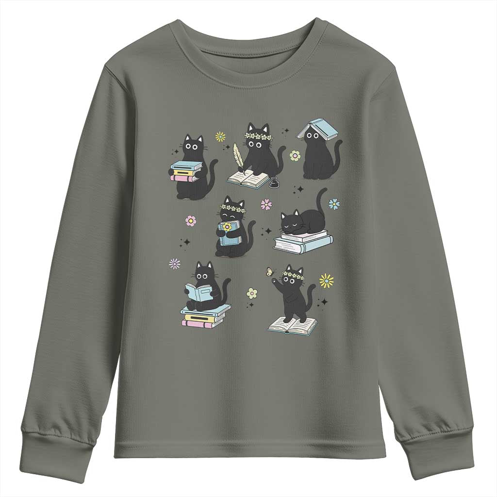 Bookish Black Cat Youth Sweatshirt Funny Librarian Cat Lover Gift TS12 Military Green Print Your Wear
