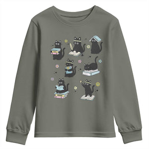 Bookish Black Cat Youth Sweatshirt Funny Librarian Cat Lover Gift TS12 Military Green Print Your Wear