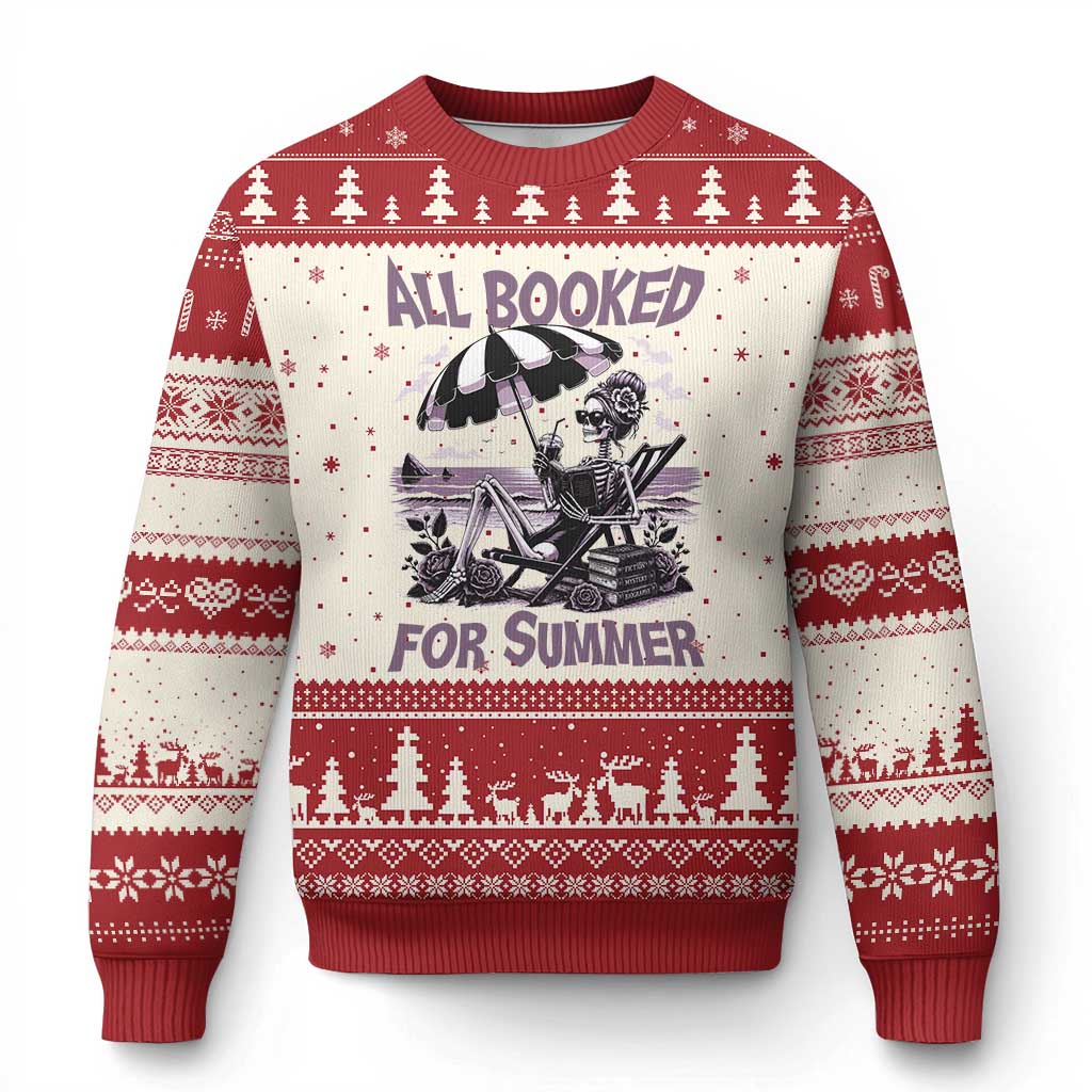 Funny Skeleton Reading At The Beach Ugly Christmas Sweater All Booked For Summer TS12 Beige Red Print Your Wear