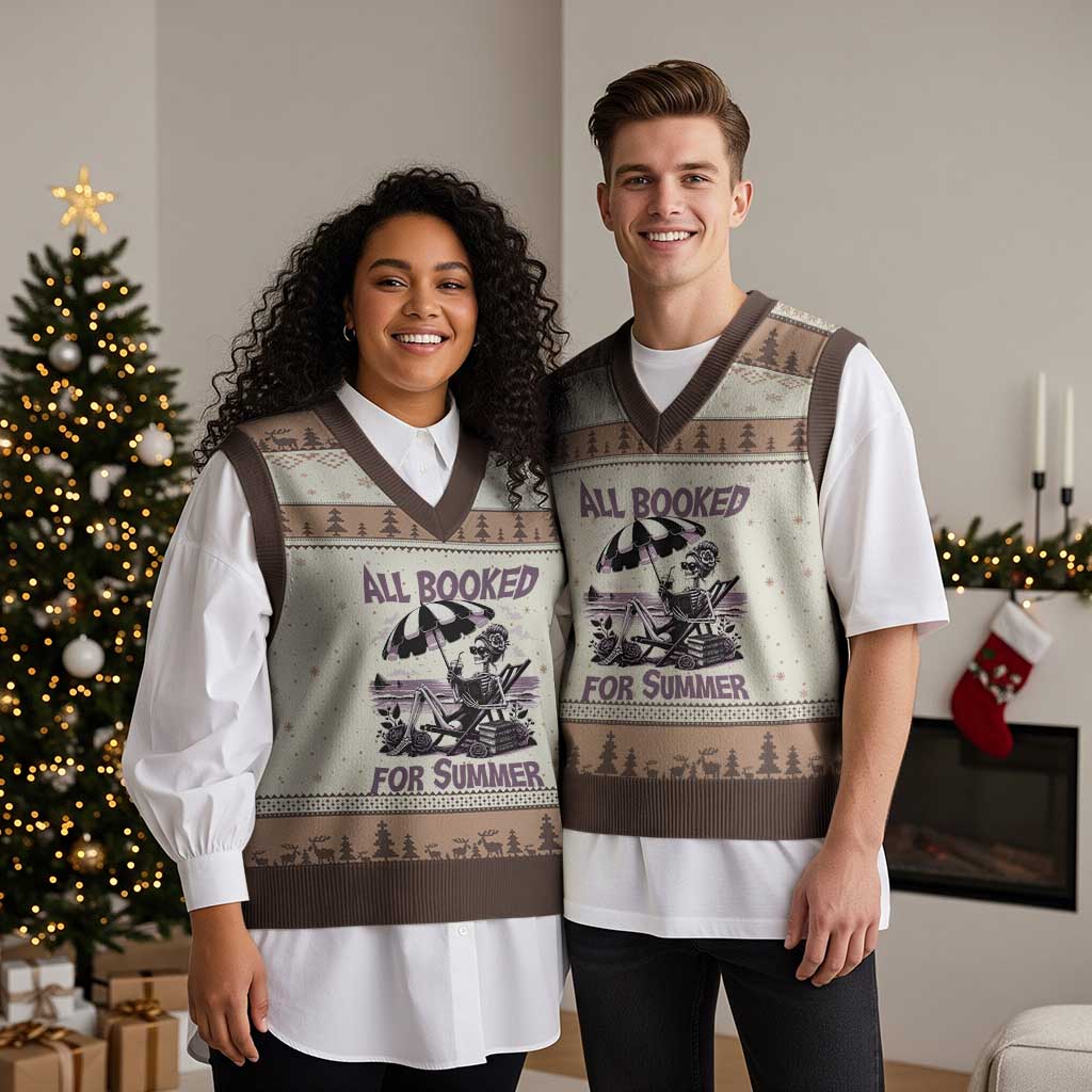 Funny Skeleton Reading At The Beach V-Neck Knit Sweater Vest All Booked For Summer TS12 Mocha Mousse Print Your Wear