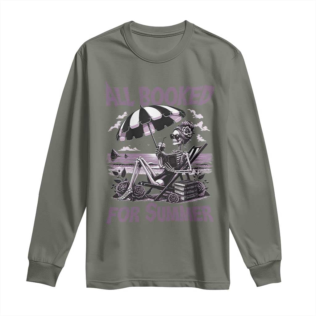 Funny Skeleton Reading At The Beach Long Sleeve Shirt All Booked For Summer TS12 Military Green Print Your Wear