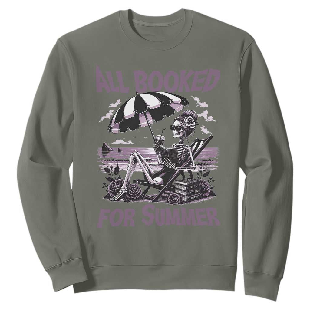 Funny Skeleton Reading At The Beach Sweatshirt All Booked For Summer TS12 Military Green Print Your Wear