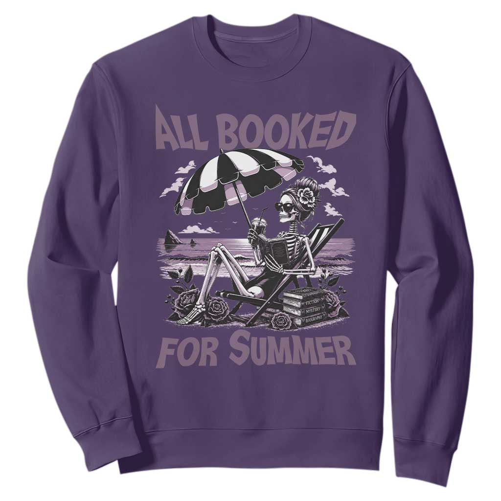 Funny Skeleton Reading At The Beach Sweatshirt All Booked For Summer TS12 Purple Print Your Wear