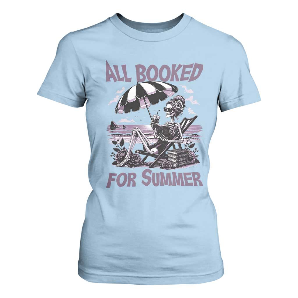 Funny Skeleton Reading At The Beach T Shirt For Women All Booked For Summer TS12 Light Blue Print Your Wear