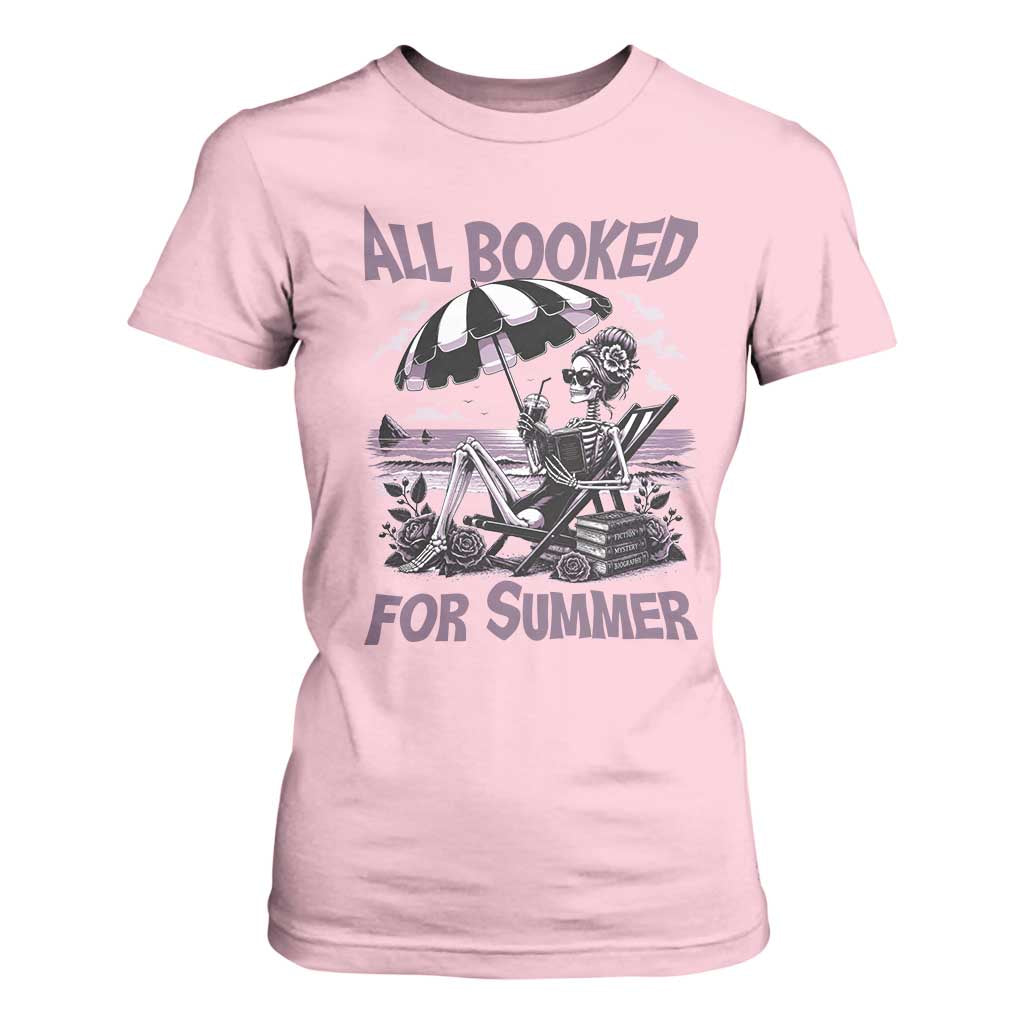 Funny Skeleton Reading At The Beach T Shirt For Women All Booked For Summer TS12 Light Pink Print Your Wear