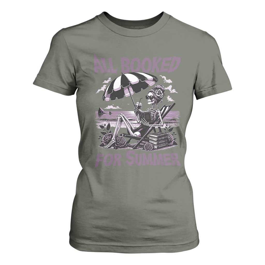 Funny Skeleton Reading At The Beach T Shirt For Women All Booked For Summer TS12 Military Green Print Your Wear
