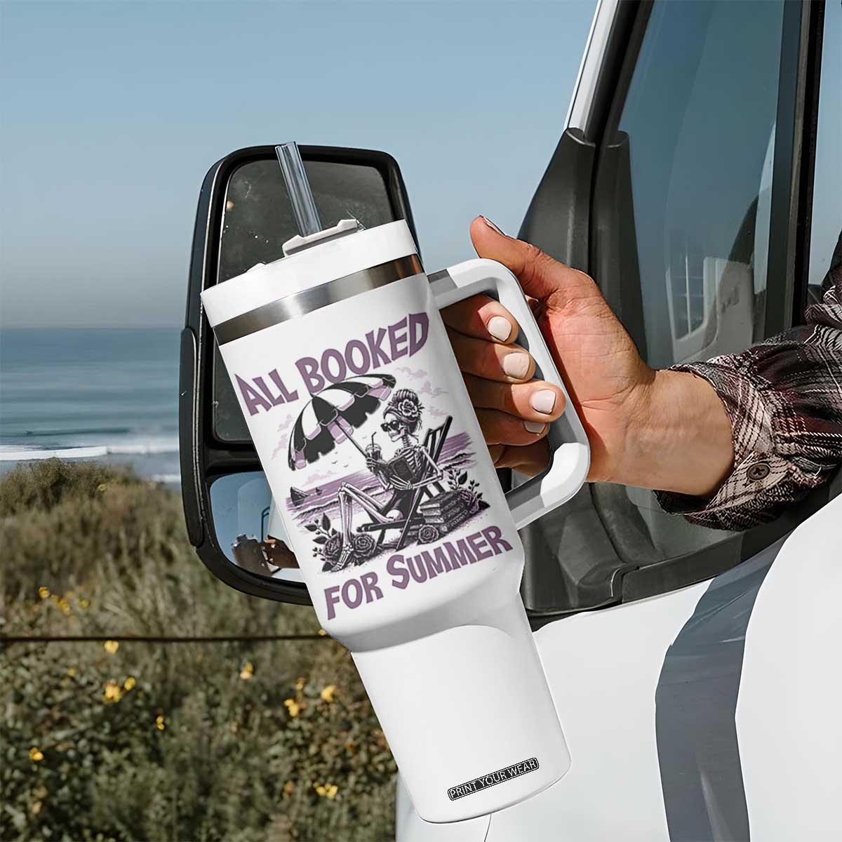 Funny Skeleton Reading At The Beach Tumbler With Handle All Booked For Summer TS12 Print Your Wear