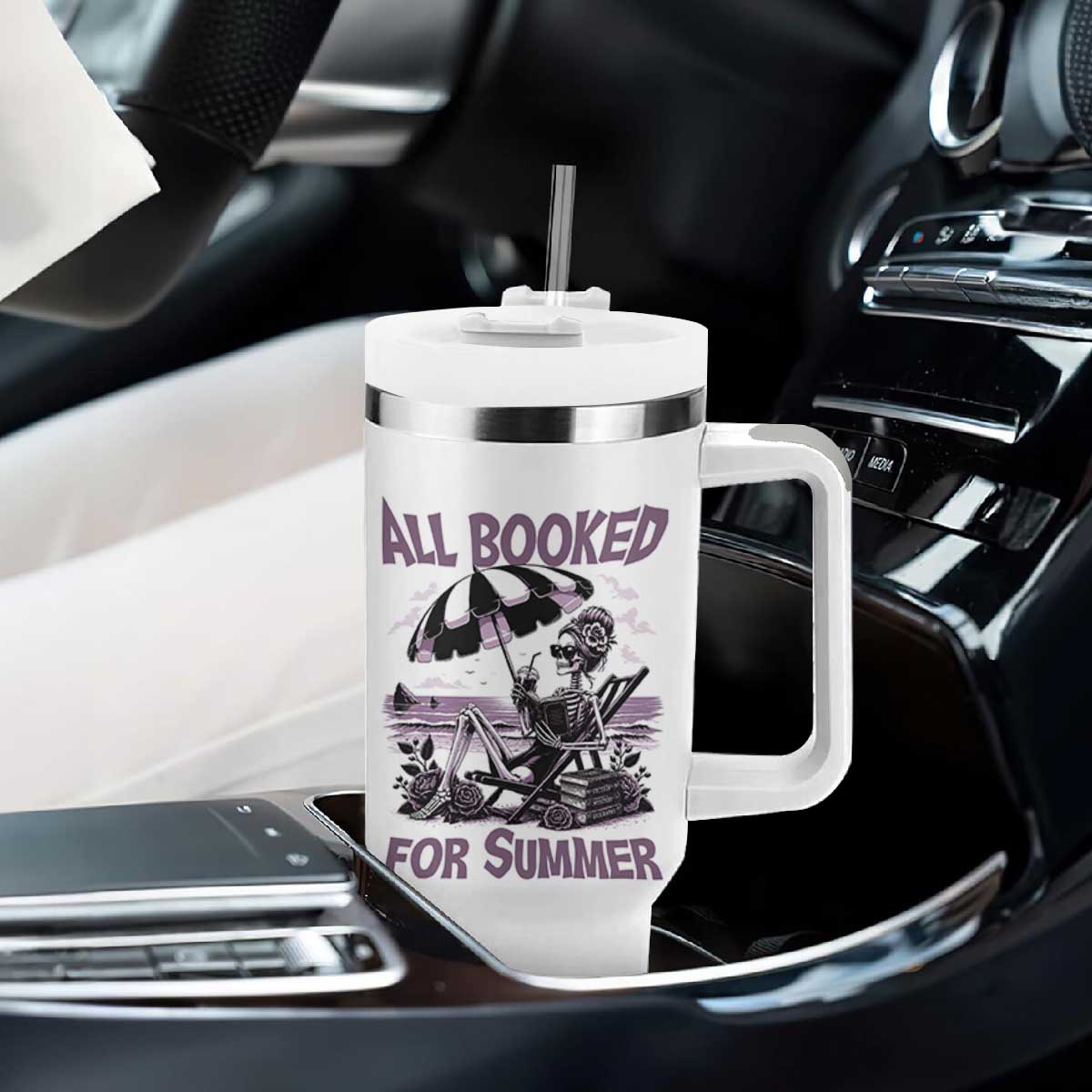 Funny Skeleton Reading At The Beach Tumbler With Handle All Booked For Summer TS12 Print Your Wear