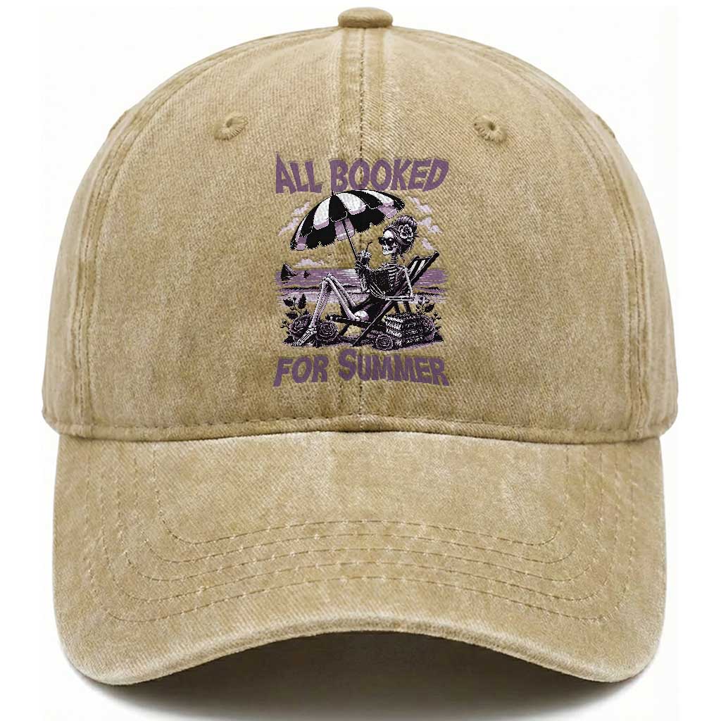 Funny Skeleton Reading At The Beach Washed Cotton Baseball Cap All Booked For Summer TS12 Print Your Wear