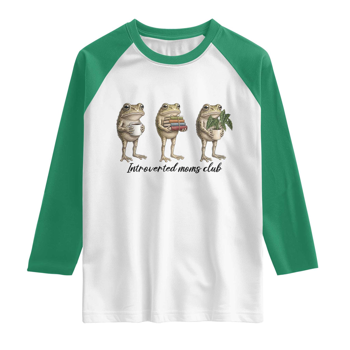 Introverted Moms Club Frog Graphic Raglan Shirt Funny Mothers Day Gift TS12 White Kelly Green Print Your Wear