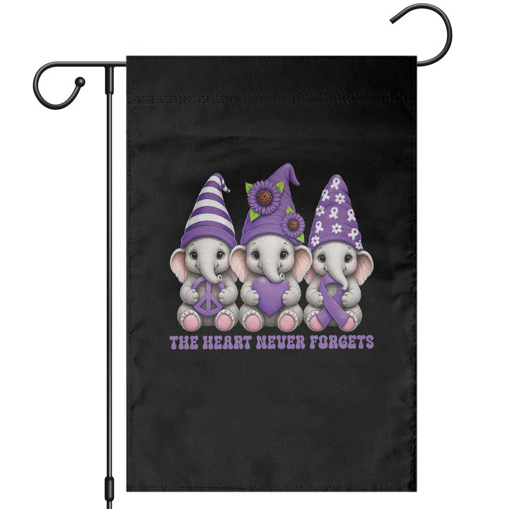 Cute Elephant Gnome Purple Ribbon Alzheimer's Support Garden Flag The Heart Never Forgets TS12 Black Print Your Wear