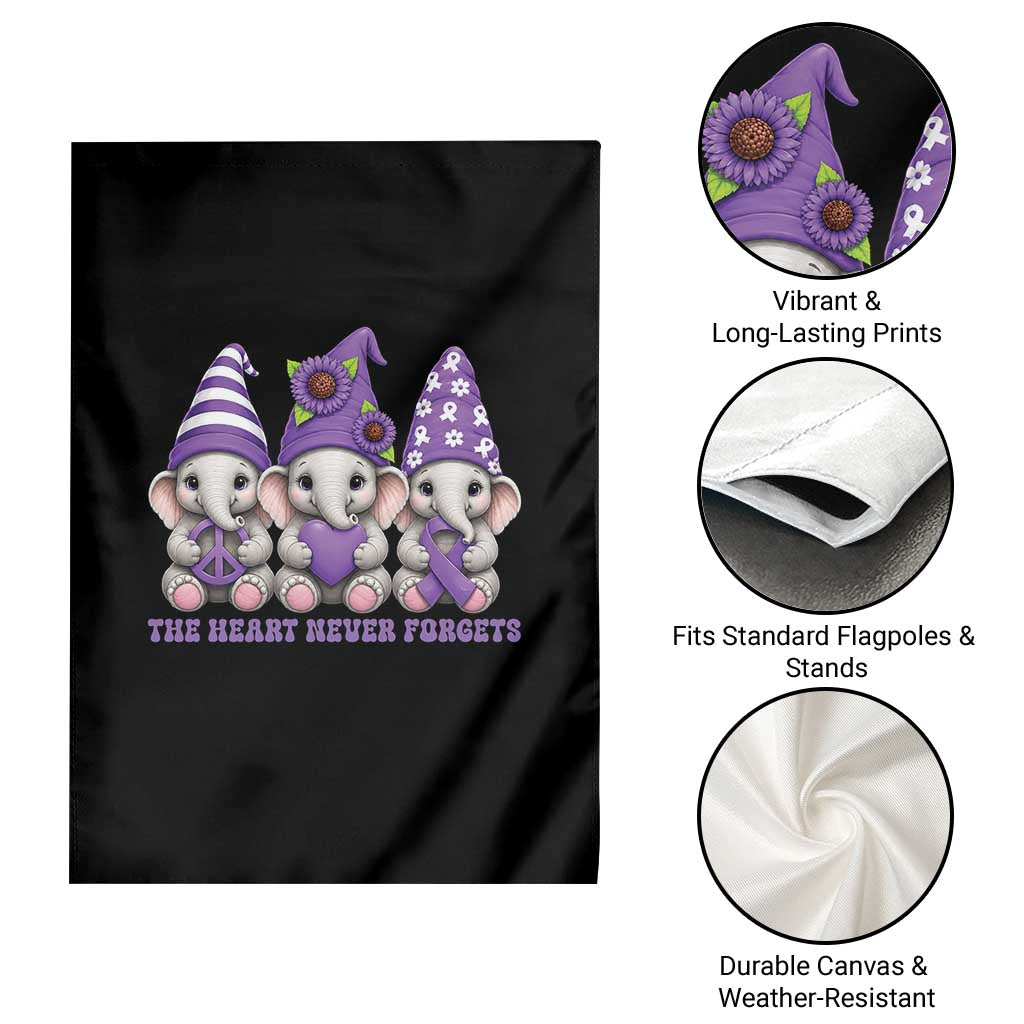 Cute Elephant Gnome Purple Ribbon Alzheimer's Support Garden Flag The Heart Never Forgets