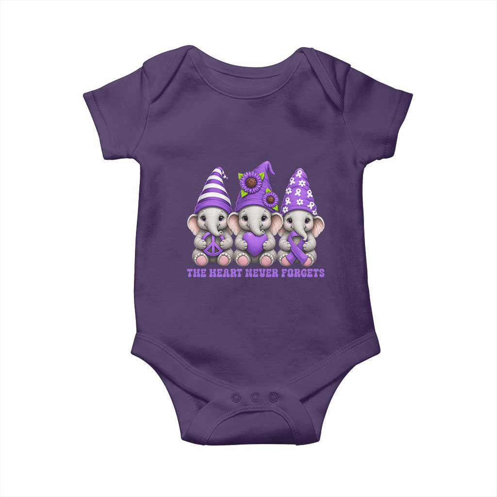 Cute Elephant Gnome Purple Ribbon Alzheimer's Support Baby Onesie The Heart Never Forgets TS12 Purple Print Your Wear
