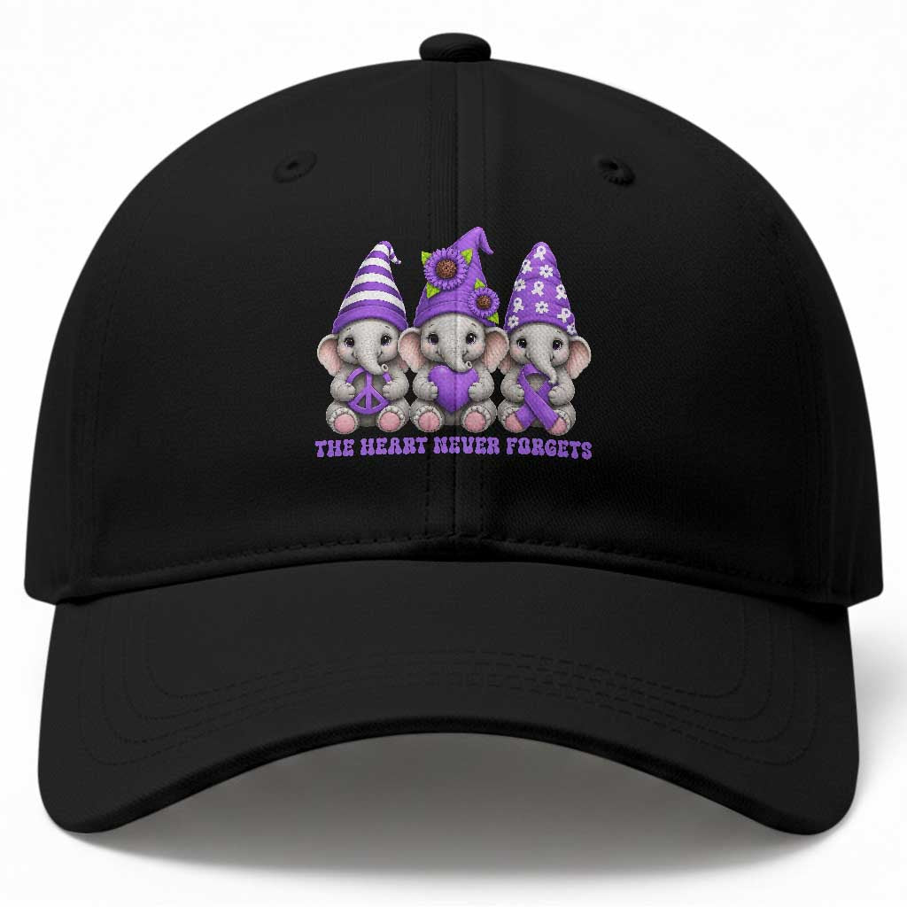 Cute Elephant Gnome Purple Ribbon Alzheimer's Support Baseball Cap The Heart Never Forgets TS12 Print Your Wear