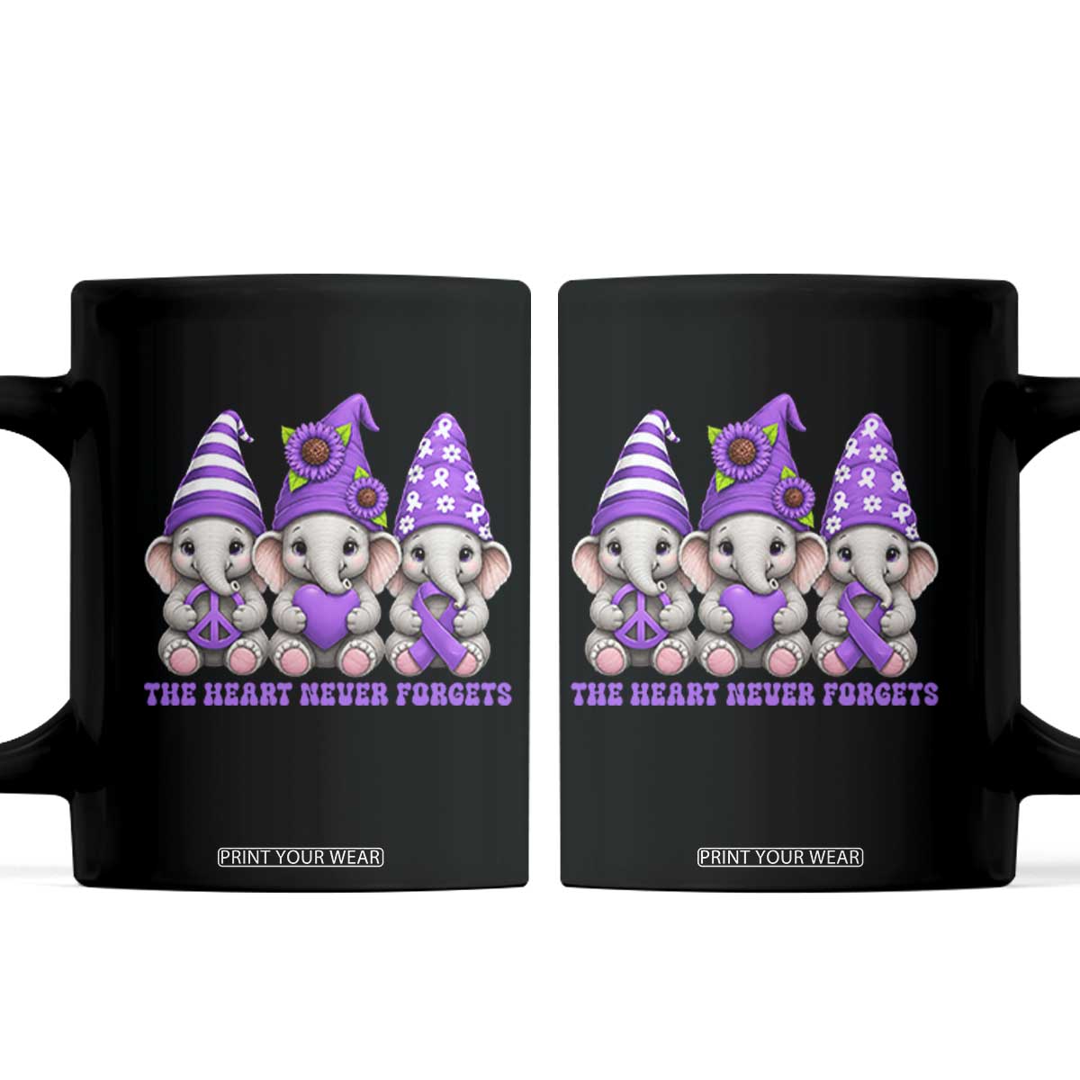 Cute Elephant Gnome Purple Ribbon Alzheimer's Support Coffee Mug The Heart Never Forgets TS12 Black Print Your Wear