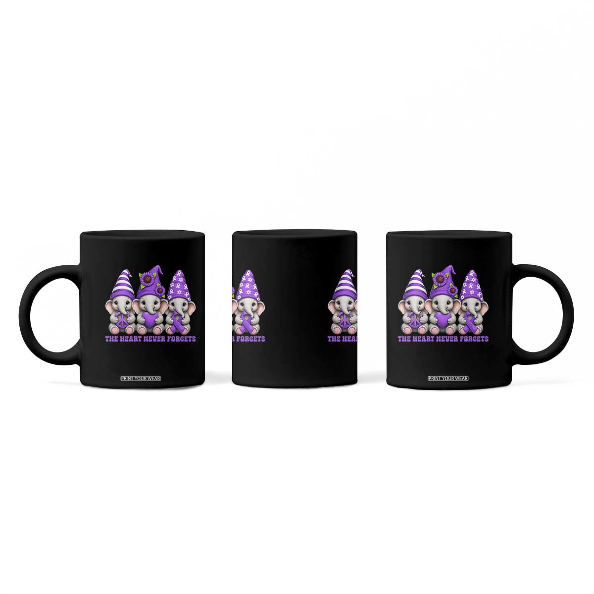 Cute Elephant Gnome Purple Ribbon Alzheimer's Support Coffee Mug The Heart Never Forgets