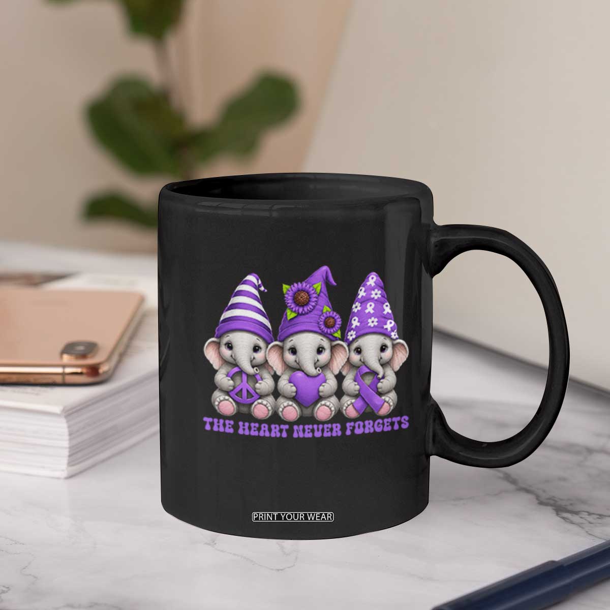 Cute Elephant Gnome Purple Ribbon Alzheimer's Support Coffee Mug The Heart Never Forgets
