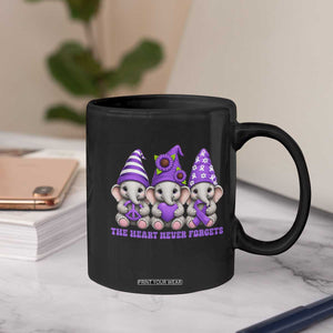Cute Elephant Gnome Purple Ribbon Alzheimer's Support Coffee Mug The Heart Never Forgets