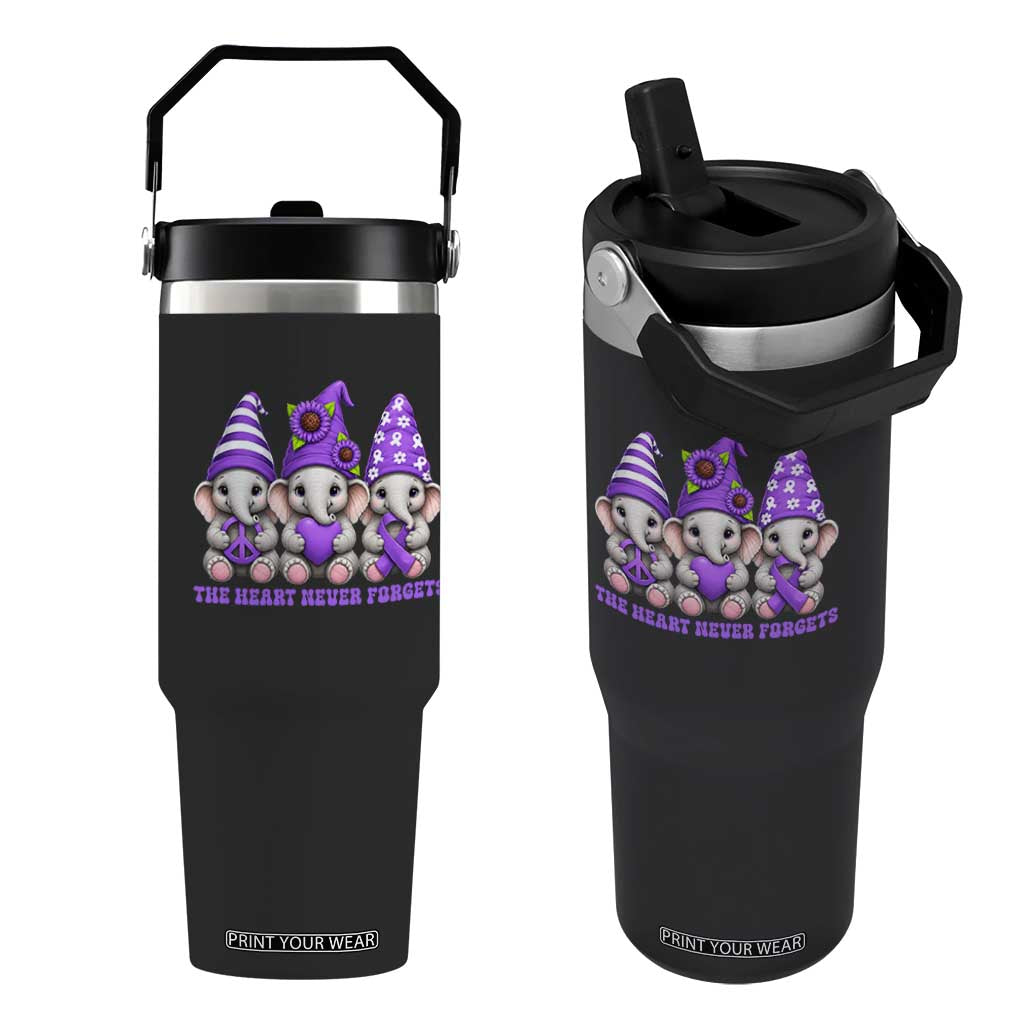 Cute Elephant Gnome Purple Ribbon Alzheimer's Support Flip Straw Tumbler The Heart Never Forgets TS12 One Size: 30 oz Black Print Your Wear