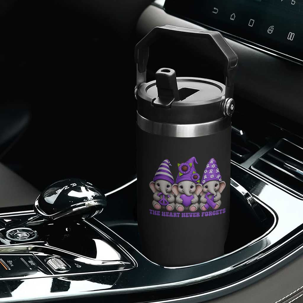 Cute Elephant Gnome Purple Ribbon Alzheimer's Support Flip Straw Tumbler The Heart Never Forgets