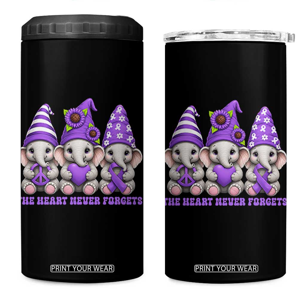 Cute Elephant Gnome Purple Ribbon Alzheimer's Support 4 in 1 Can Cooler Tumbler The Heart Never Forgets