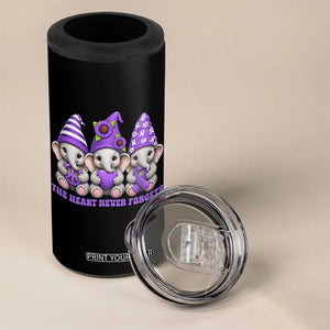 Cute Elephant Gnome Purple Ribbon Alzheimer's Support 4 in 1 Can Cooler Tumbler The Heart Never Forgets