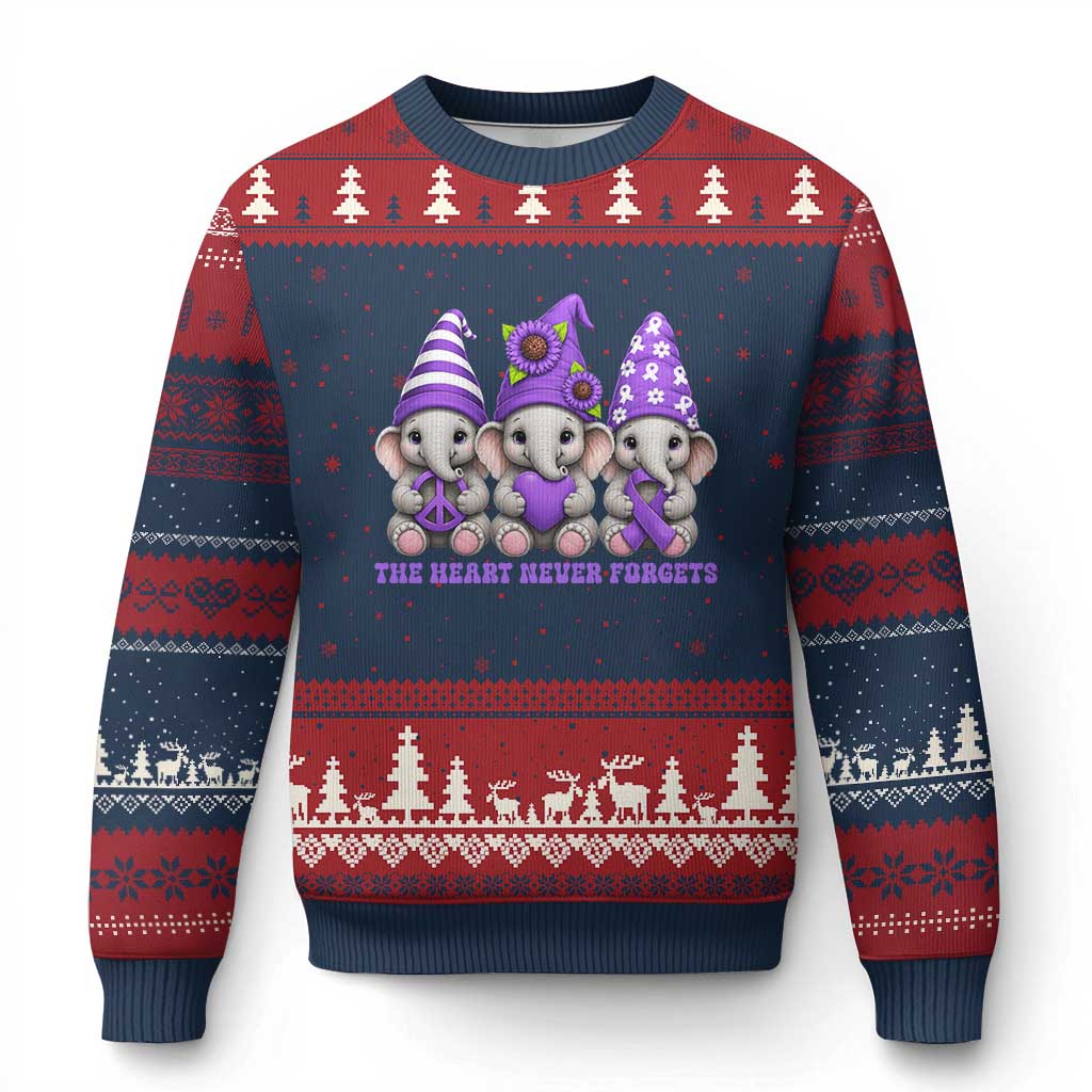 Cute Elephant Gnome Purple Ribbon Alzheimer's Support Ugly Christmas Sweater The Heart Never Forgets