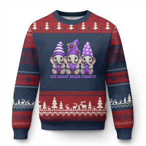 Cute Elephant Gnome Purple Ribbon Alzheimer's Support Ugly Christmas Sweater The Heart Never Forgets