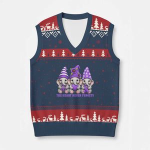 Cute Elephant Gnome Purple Ribbon Alzheimer's Support V-Neck Knit Sweater Vest The Heart Never Forgets