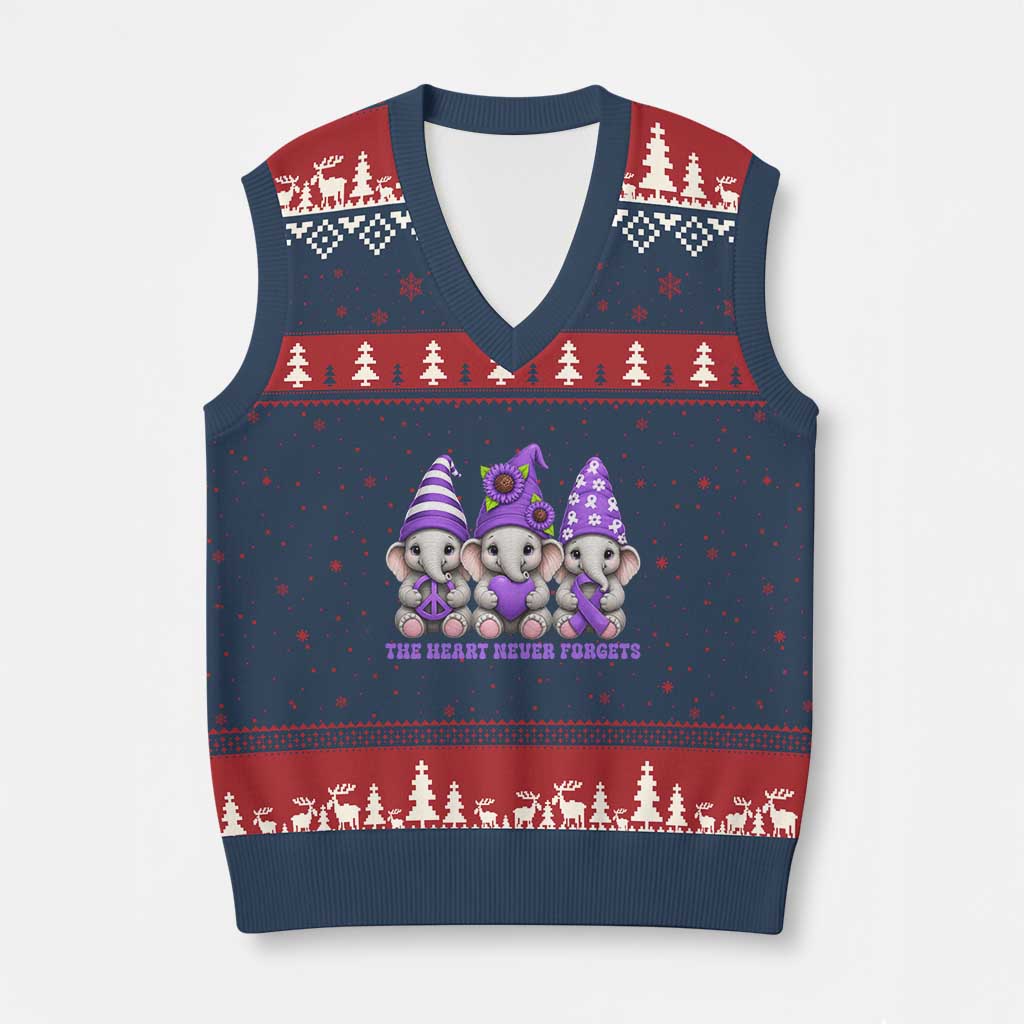 Cute Elephant Gnome Purple Ribbon Alzheimer's Support V-Neck Knit Sweater Vest The Heart Never Forgets TS12 Navy Red Print Your Wear