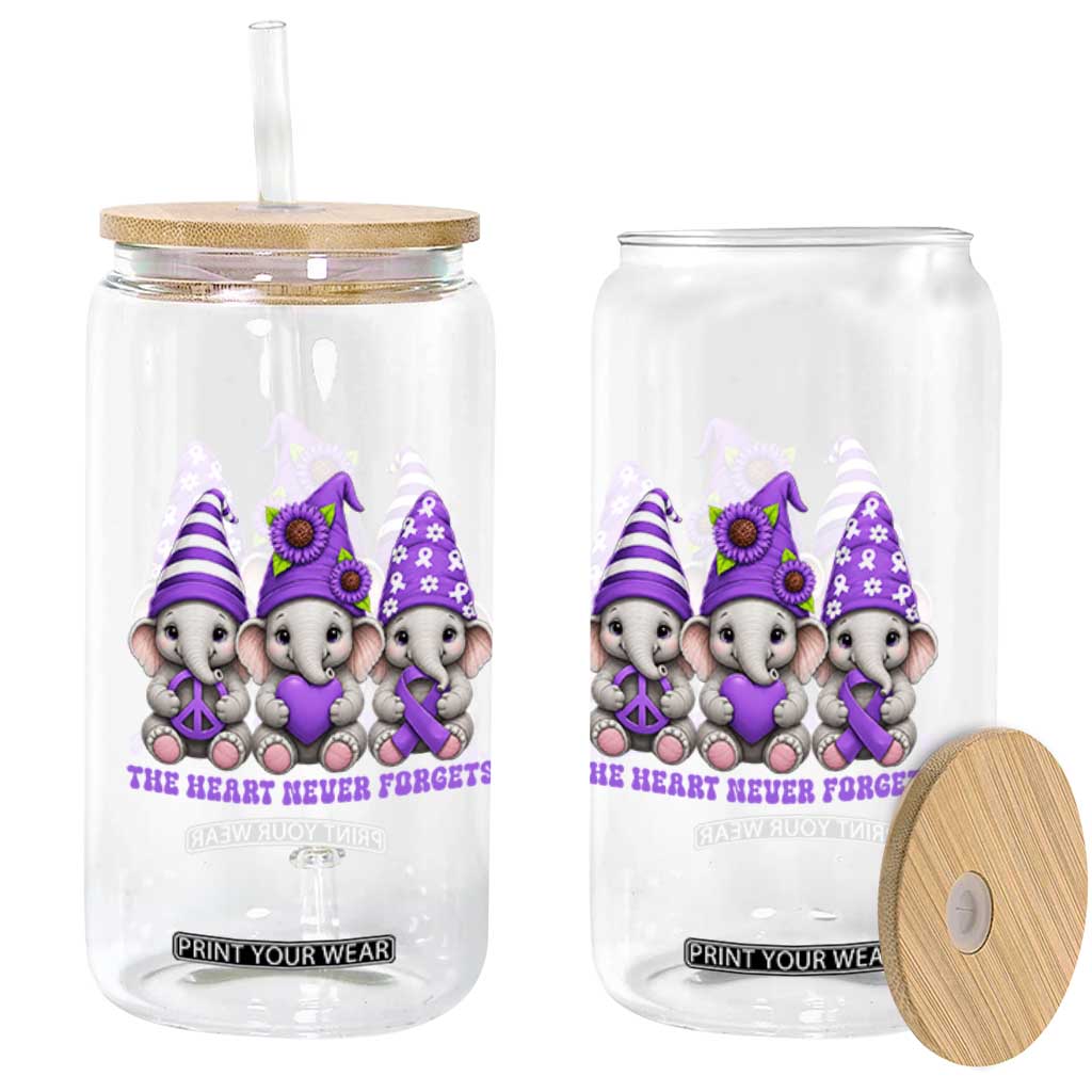 Cute Elephant Gnome Purple Ribbon Alzheimer's Support Glass Can The Heart Never Forgets