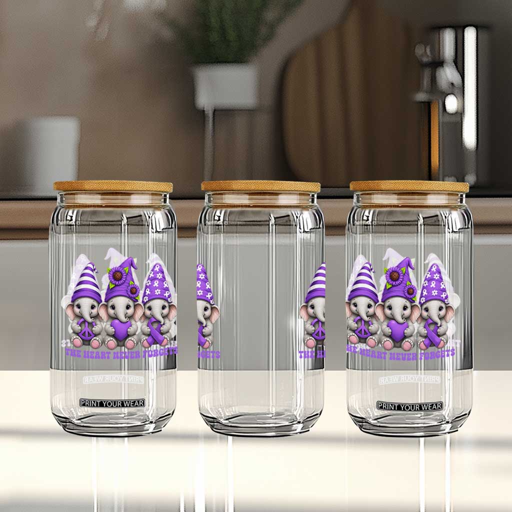 Cute Elephant Gnome Purple Ribbon Alzheimer's Support Glass Can The Heart Never Forgets