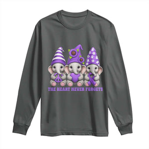 Cute Elephant Gnome Purple Ribbon Alzheimer's Support Long Sleeve Shirt The Heart Never Forgets