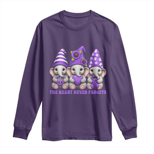 Cute Elephant Gnome Purple Ribbon Alzheimer's Support Long Sleeve Shirt The Heart Never Forgets