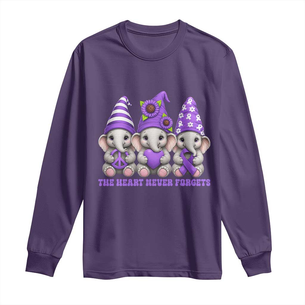 Cute Elephant Gnome Purple Ribbon Alzheimer's Support Long Sleeve Shirt The Heart Never Forgets TS12 Purple Print Your Wear