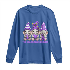 Cute Elephant Gnome Purple Ribbon Alzheimer's Support Long Sleeve Shirt The Heart Never Forgets
