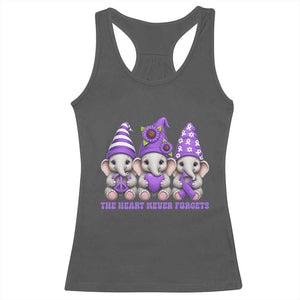 Cute Elephant Gnome Purple Ribbon Alzheimer's Support Racerback Tank Top The Heart Never Forgets