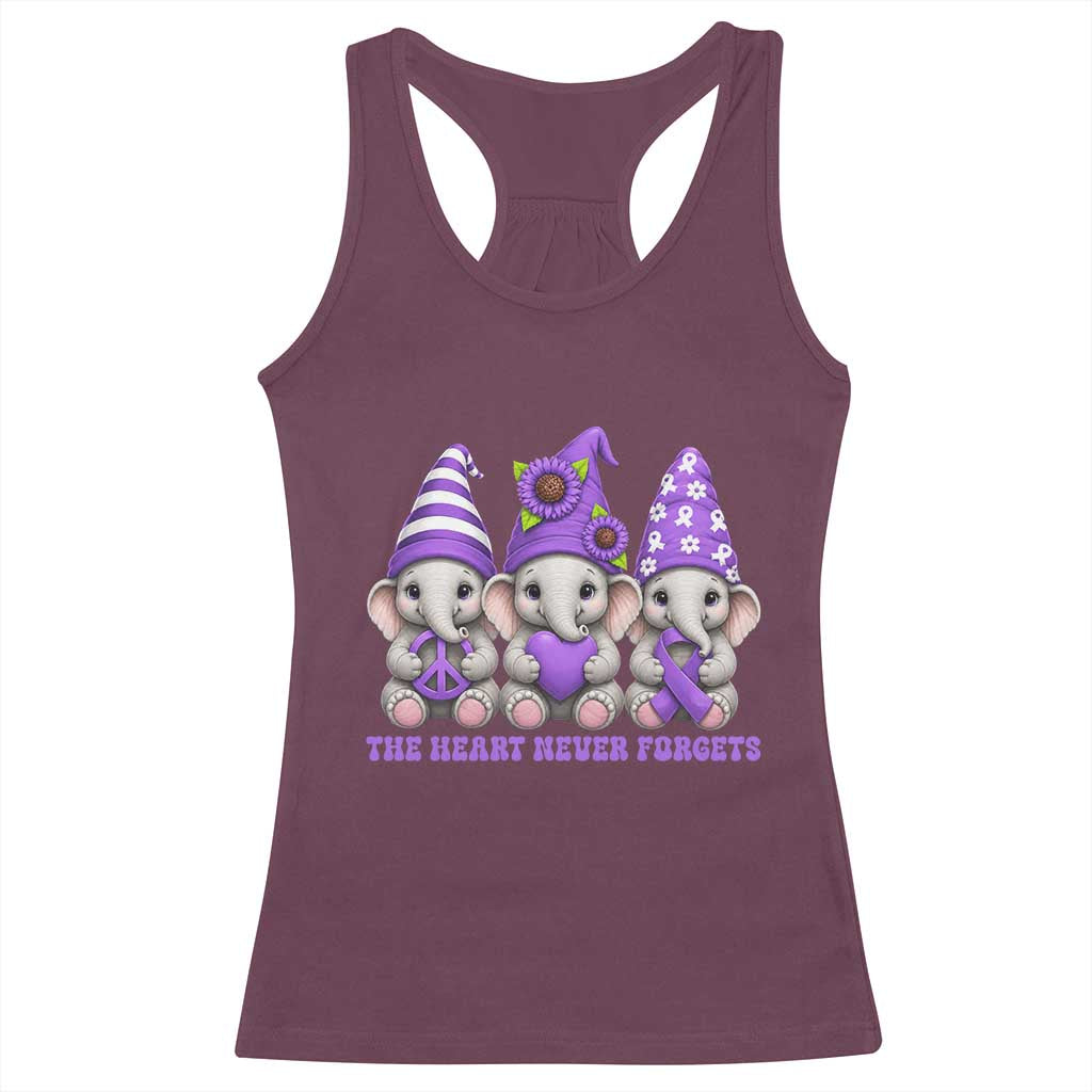 Cute Elephant Gnome Purple Ribbon Alzheimer's Support Racerback Tank Top The Heart Never Forgets