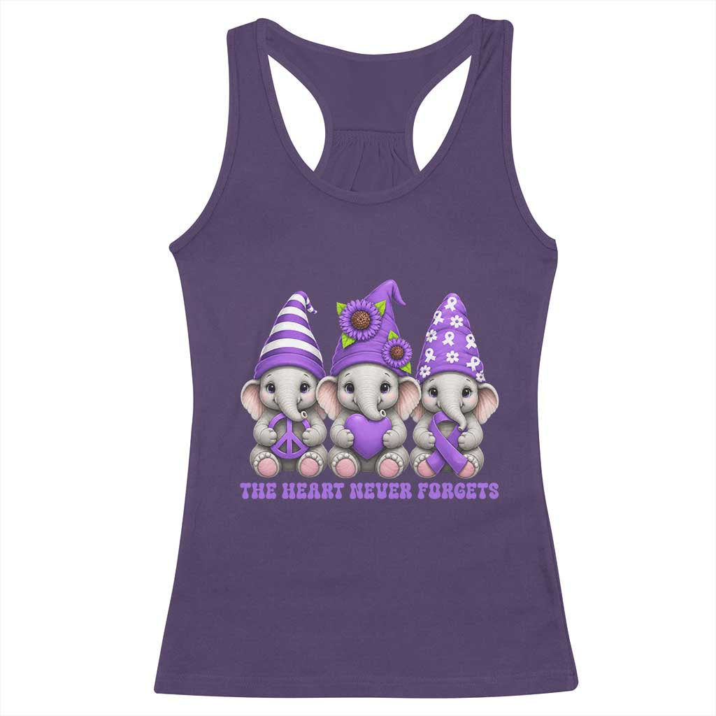 Cute Elephant Gnome Purple Ribbon Alzheimer's Support Racerback Tank Top The Heart Never Forgets TS12 Purple Print Your Wear