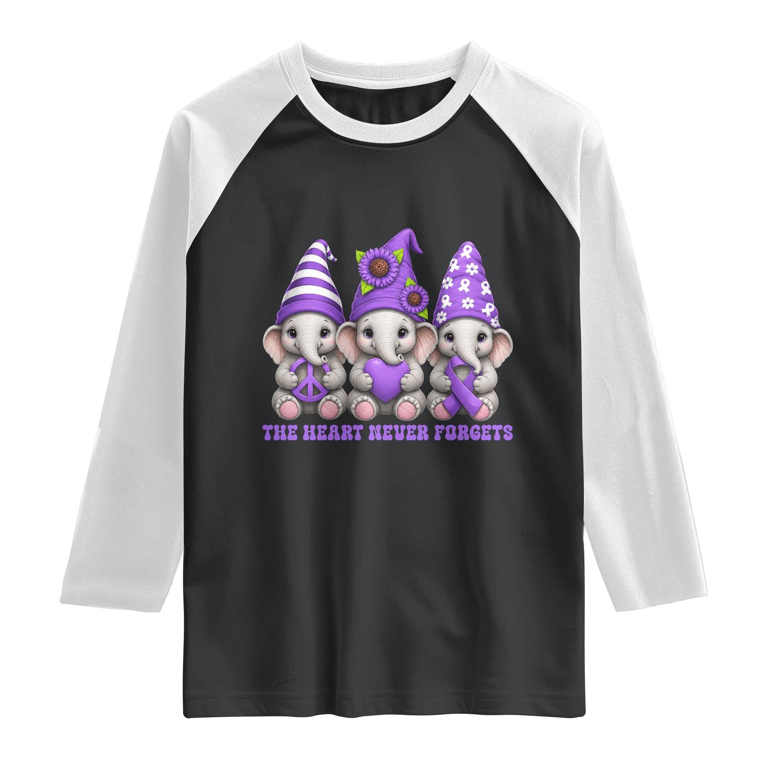 Cute Elephant Gnome Purple Ribbon Alzheimer's Support Raglan Shirt The Heart Never Forgets TS12 Black White Print Your Wear