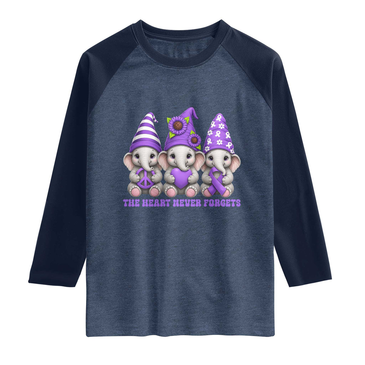 Cute Elephant Gnome Purple Ribbon Alzheimer's Support Raglan Shirt The Heart Never Forgets