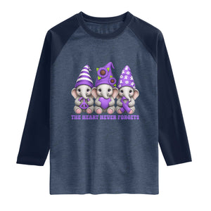 Cute Elephant Gnome Purple Ribbon Alzheimer's Support Raglan Shirt The Heart Never Forgets