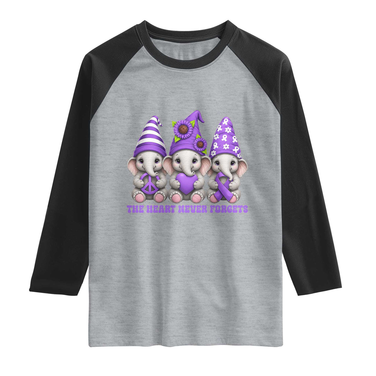 Cute Elephant Gnome Purple Ribbon Alzheimer's Support Raglan Shirt The Heart Never Forgets